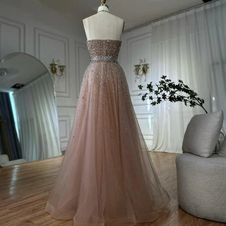 Ships in 2 to 5 Days - Customized Saudi Arabic Caramel Halter Beaded Tulle A-Line Evening Dress – Party Gown for Formal Occasions