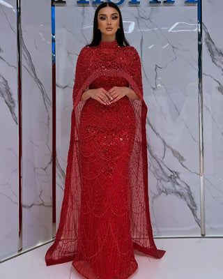 Ships in 2 to 5 Days - Luxury Nude Mermaid Evening Gown with Long Cape – Saudi Arabic Formal Dress