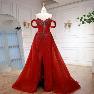 Ships in 2 to 5 Days - Luxury Red Beaded Mermaid Evening Dress – Gown with Overskirt and Thigh-High Slit