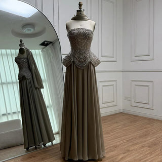 Ships in 2 to 5 Days -Luxury Designer Nude Beaded Chiffon Evening Gown for Women – Elegant Dress for Weddings & Formal Parties