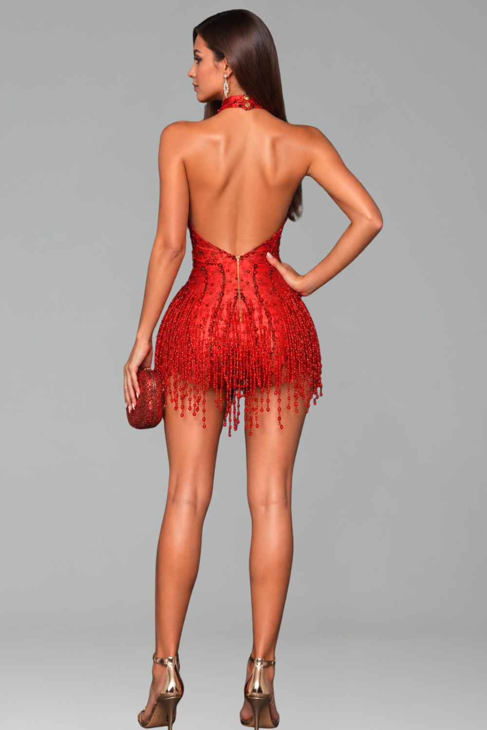 Plunge Halter Beaded Fringe Mini Dress - LAROSABRIDE