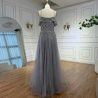 Ships in 2 to 5 Days - Luxury Customized Gray Beaded Arabic Off-Shoulder A-Line Evening Dress – 2025 Collection