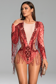 Beaded Fringe Illusion Cutout Bodysuit - LAROSABRIDE