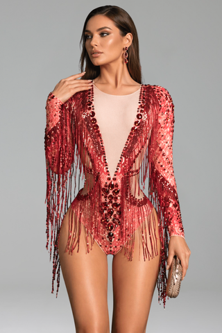 Beaded Fringe Illusion Cutout Bodysuit - LAROSABRIDE