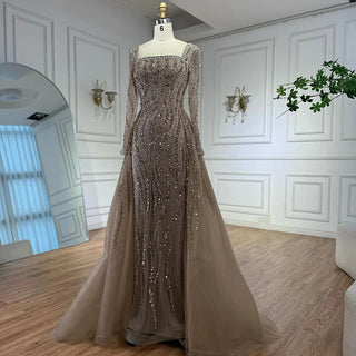 2025 Arabic Caramel Beaded Mermaid Evening Gown with Overskirt – Luxury Formal Dress for Women