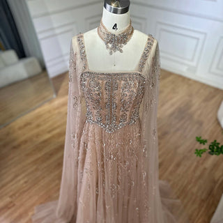2025 Arabic Nude A-Line Cape Sleeve Crystal Beaded Saudi Evening Dresses Gowns for Formal Occasions
