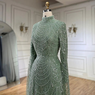 Ships in 2 to 5 Days - 2025 Muslim Nude Mermaid Cape Sleeves Luxury Dubai Evening Gown Pearls Beaded Dress for Women's Party