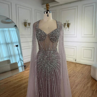 Ships in 2 to 5 Days - Luxury Nude Beaded Evening Dress – Saudi-Inspired Formal Gown with Cape Sleeves
