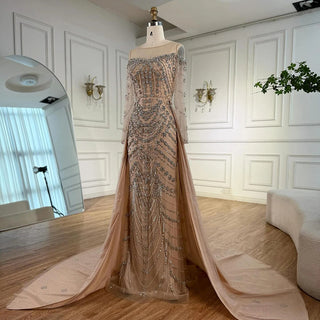 Ships in 2 to 5 Days -Luxury Beaded Off-Shoulder Evening Gown – Long Sleeve Formal Dress with Elegant Train