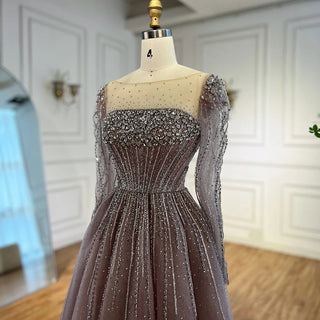 Ships in 2 to 5 Days -Luxury Caramel Sparkly A-Line Evening Dress – Long Sleeve Ball Gown for Prom & Parties