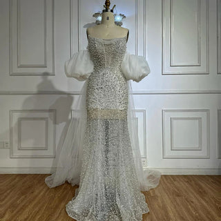 Ships in 2 to 5 Days - 2025 White Beaded Strapless Evening & Wedding Gown with Detachable Puffy Sleeves – Formal Party Dress