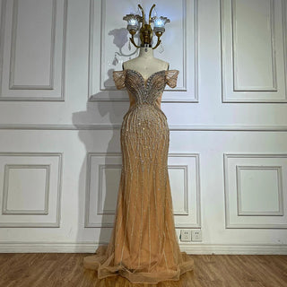 Ships in 2 to 5 Days -2025 Custom Saudi-Style Off-Shoulder Beaded Nude Tulle Mermaid Evening Dress – Formal Occasion Gown