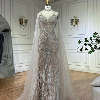 Ships in 2 to 5 Days -Caramel Beaded Feathered Mermaid Evening Dress with Detachable Cape Sleeves – Gown for Formal Occasions