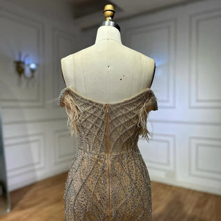 Ships in 2 to 5 Days -2025 Custom Nude Beaded Mermaid Evening Dress – Formal Gown with Feathered Details