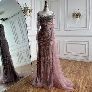 Ships in 2 to 5 Days - Customized 2025 Saudi Nude Beaded Crystal Arabic Evening Dress with Overskirt – Gown for Formal Occasions
