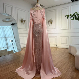 Luxury Arabic Pearl Beaded Mermaid Evening Dress with Cape