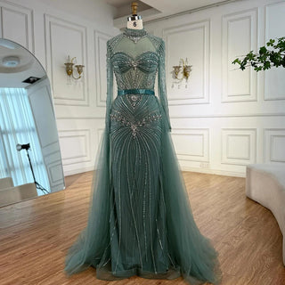 Ships in 2 to 5 Days - Luxury Nude Beaded Arabic-Style Evening Dress – Elegant Gown with Detachable Overskirt