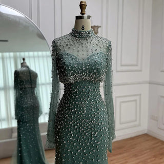 Turquoise Beaded Mermaid Evening Dress with Detachable High-Neck Overlay and Strapless Inner Gown