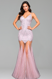 Crystal Embellished Sheer Panel Mermaid Gown - LAROSABRIDE