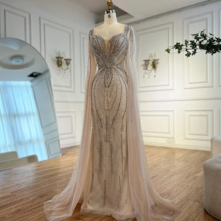 Ships in 2 to 5 Days - Luxury Beige-Pink Beaded Evening Gown – 2025 Formal Dress with Cape Sleeves