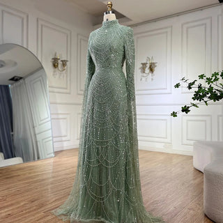 Ships in 2 to 5 Days - 2025 Muslim Nude Mermaid Cape Sleeves Luxury Dubai Evening Gown Pearls Beaded Dress for Women's Party