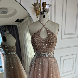 Ships in 2 to 5 Days - Customized Saudi Arabic Caramel Halter Beaded Tulle A-Line Evening Dress – Party Gown for Formal Occasions