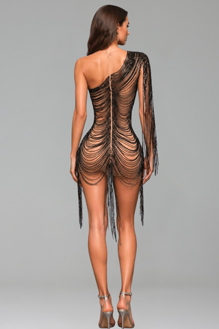 One Shoulder Crystal Fringe Mini Dress