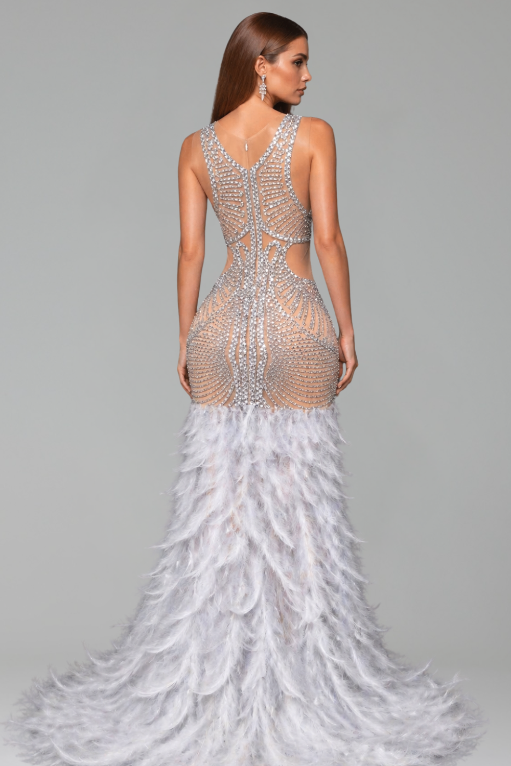 Deep V Illusion Feather Hem Gown - LAROSABRIDE