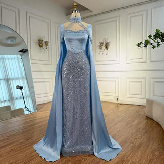 Luxury Arabic Pearl Beaded Mermaid Evening Dress with Cape