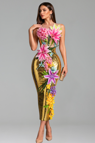 Floral Embellished Sculpted Corset Midi Dress - LAROSABRIDE