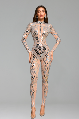 Mirror Embellished Illusion Catsuit - LAROSABRIDE