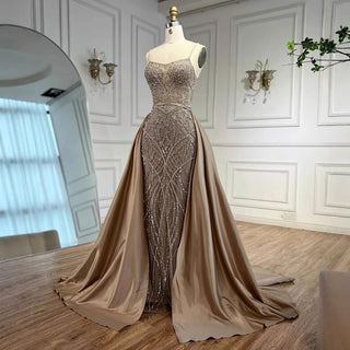 Ships in 2 to 5 Days - Sage Green Beaded Evening Gown – Elegant Dress with Detachable Overskirt for Parties