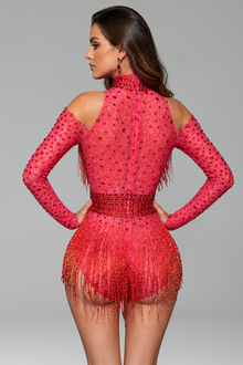 Beaded Fringe High-Neck Mini Dress - LAROSABRIDE