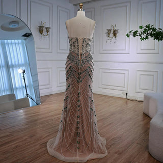 Ships in 2 to 5 Days -2025 Custom Green Saudi-Inspired Evening Dress – Strapless Beaded Formal Gown