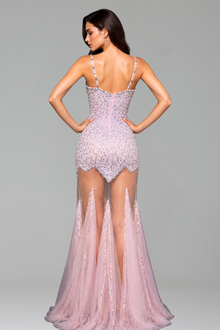 Crystal Embellished Sheer Panel Mermaid Gown - LAROSABRIDE