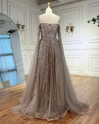 Ships in 2 to 5 Days - Luxury Saudi A-Line Evening Dress with Long Sleeves and Flowing Cape