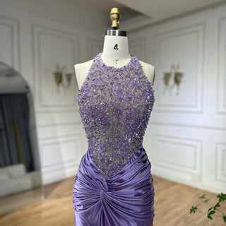 Ships in 2 to 5 Days - 2025 Arabic Lilac Halter Neck Side Slit Mermaid Luxury Dubai Evening Gown Beaded Dress for Women's Party