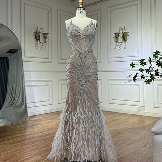 Ships in 2 to 5 Days -Caramel Beaded Feathered Mermaid Evening Dress with Detachable Cape Sleeves – Gown for Formal Occasions
