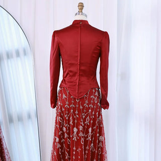 Ships in 2 to 5 Days -Elegant Sage Green Muslim Evening Dress – Modest Gown with Beaded Skirt for Wedding Parties