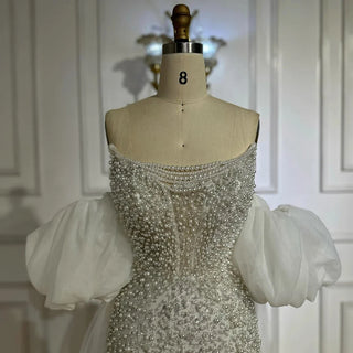 Ships in 2 to 5 Days - 2025 White Beaded Strapless Evening & Wedding Gown with Detachable Puffy Sleeves – Formal Party Dress