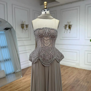 Ships in 2 to 5 Days -Luxury Designer Nude Beaded Chiffon Evening Gown for Women – Elegant Dress for Weddings & Formal Parties