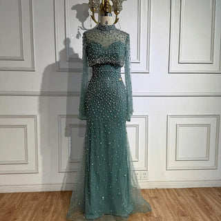 Turquoise Beaded Mermaid Evening Dress with Detachable High-Neck Overlay and Strapless Inner Gown