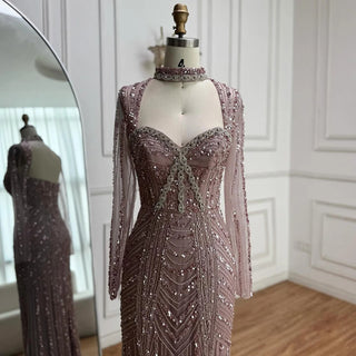 Ships in 2 to 5 Days - 2025 Caramel Beaded Mermaid Evening Gown – Long Sleeve Formal Dress for Weddings & Parties