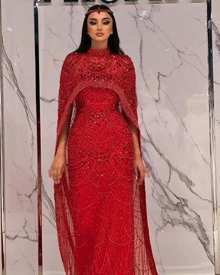 Ships in 2 to 5 Days - Luxury Nude Mermaid Evening Gown with Long Cape – Saudi Arabic Formal Dress