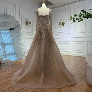 2025 Arabic Caramel Beaded Mermaid Evening Gown with Overskirt – Luxury Formal Dress for Women