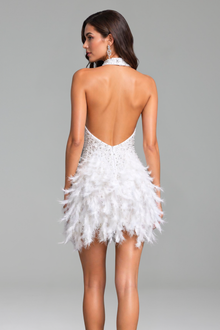 Embellished Halter Feather Mini Dress - LAROSABRIDE