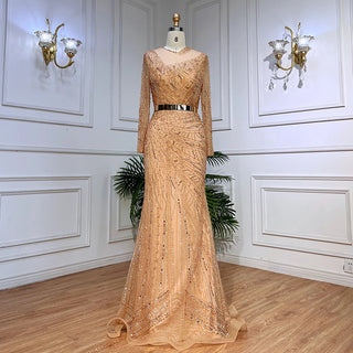 Ships in 2 to 5 Days - 2025 Muslim Gold Mermaid Evening Dress - Luxury Elegant Beaded Gown with Sashes for Women’s Parties