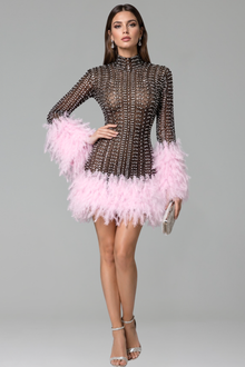 Crystal Mesh Feather Mini Dress - LAROSABRIDE