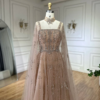 2025 Arabic Nude A-Line Cape Sleeve Crystal Beaded Saudi Evening Dresses Gowns for Formal Occasions