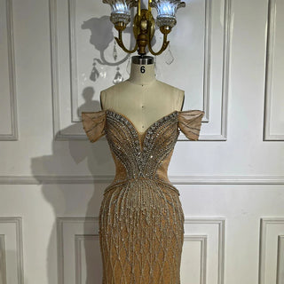 Ships in 2 to 5 Days -2025 Custom Saudi-Style Off-Shoulder Beaded Nude Tulle Mermaid Evening Dress – Formal Occasion Gown